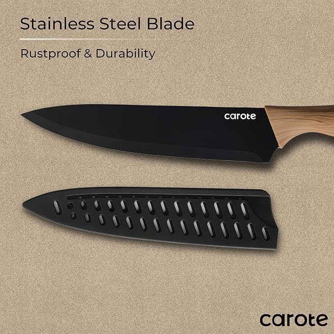 CAROTE 12PCS Knife Set, Stainless Steel Kitchen Knife Set with Nonstick Ceramic Coating, 6 Knives with Blade Guards, Rustproof, Easy-Clean, Black - Image 4
