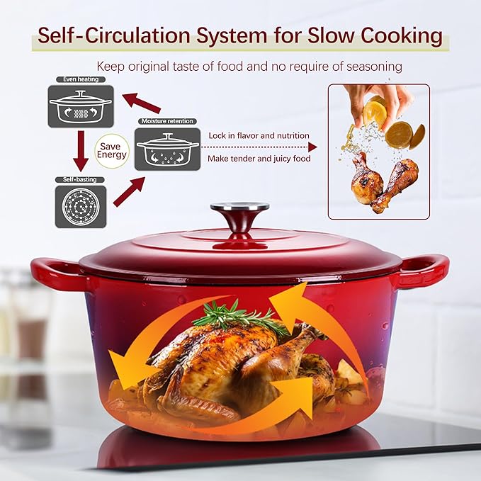 E-far Dutch Oven Pot with Lid, 5 Quart Enameled Cast Iron Round Dutch Oven Stockpot for Bread Baking/Braising/Cooking/Roasting/Stewing, Heavy Duty Nonstick Cookware Safe for Induction & Oven - Red
