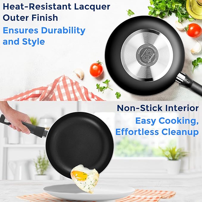 SereneLife Kitchenware Pots & Pans Basic Kitchen Cookware, Black Non-Stick Coating Inside, Heat Resistant Lacquer (15-Piece Set), One Size - Image 4