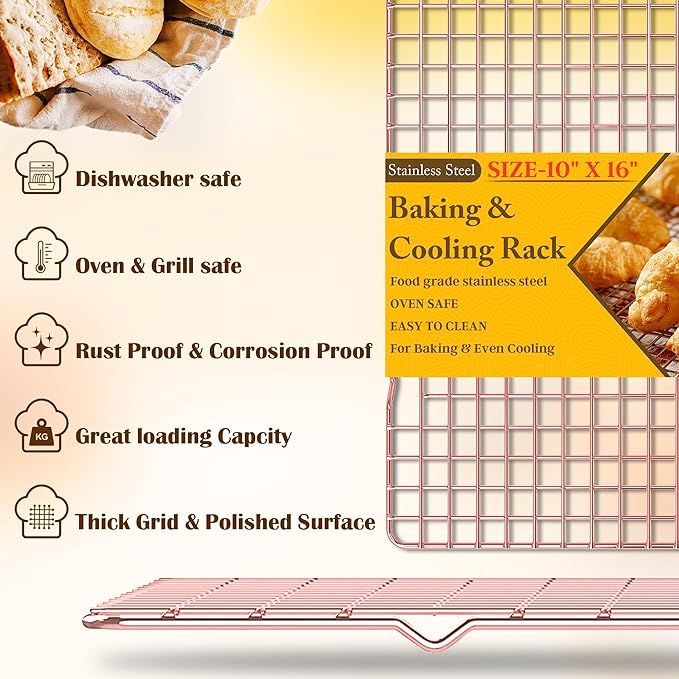 2PCS Cooling Racks for Cooking and Baking - 10" x 16"Heavy Duty Stainless Steel Wire Rack for Baking, Grilling, Roasting - Oven & Dishwasher Safe - Fits Half Sheet Pan（Rose Gold） - Image 2
