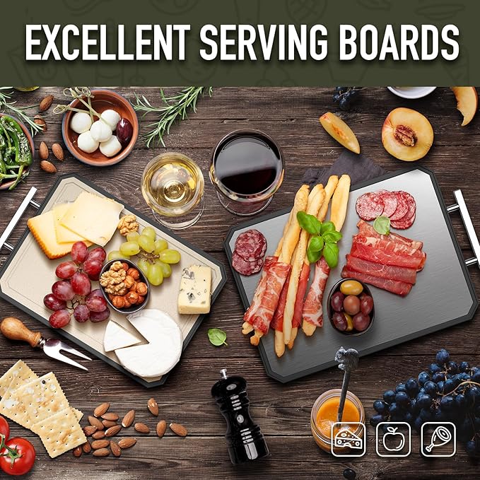 SNOWCLAD Stainless Steel Cutting Board,Double Sided Steel Cutting Board Set for kitchen,Stainless Steel/Wheat straw pp Large for meat,Dishwasher Safe [16 * 11+12 * 8.3 Inch] - Image 2