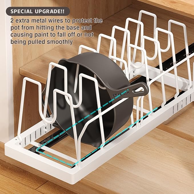 Magheo Pots and Pans Organizer Under Cabinet, 22" Deep Expandable Pull Out Pot Lid Organizer and Storage with 10 Adjustable Dividers No Drill Pot and Pan Holder Rack with Handle Bracket(1 Pack,White) - Image 8