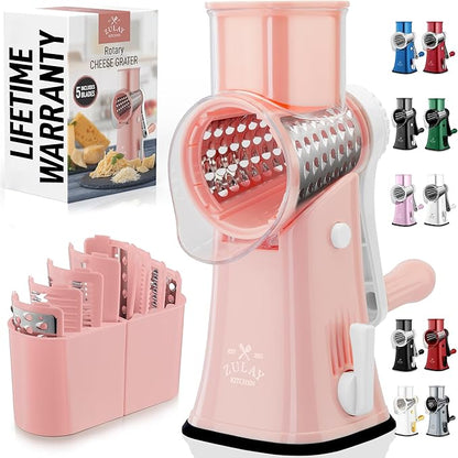 Zulay Kitchen Rotary Cheese Grater 5 Blade Cheese Shredder - Manual Hand Crank Cheese Grater With Reinforced Suction & 5 Interchangeable Drums - Easy to Use, Vegetable Chopper Round Mandoline Slicer by ZulayKitchen