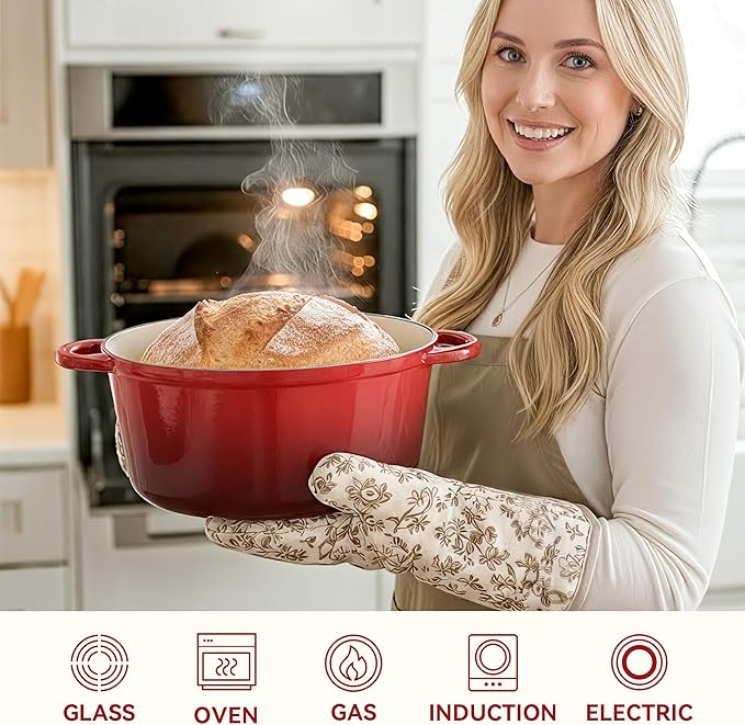 6 Quart Dutch Oven Pot with Lid, Non Stick Enameled Cast Iron Dutch Oven for Bread Baking, Heavy-Duty, Oven Safe Ceramic Cookware Up to 500°F for Baking, Braising, Stews, Roasting, Red - Image 5