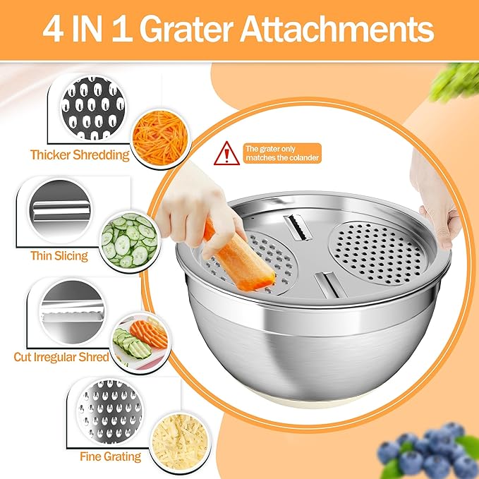 Nicdiet Mixing Bowls with Airtight Lids, Stainless Steel Mixing Bowl Set with 3 Metal Nesting Bowls, Colander & Grater, Non-Slip Bottoms, Size 1.5, 2.5, 5 QT, Great for Mixing & Serving, Khaki - Image 5