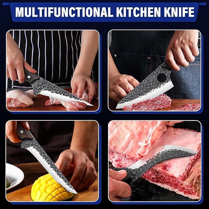 TAN REN Butcher Knife Set for Meat Cutting, 7PCS Professional Serbian Chef Knife Set with Bag, Hand Forged Viking Kitchen Knives