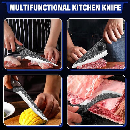 TAN REN Butcher Knife Set for Meat Cutting, 7PCS Professional Serbian Chef Knife Set with Bag, Hand Forged Viking Kitchen Knives