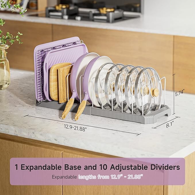 MUDEELA Pot Lid Organizer Rack for Cabinet, Expandable Pots and Pans Organizer under Cabinet with 12 Adjustable Dividers, Pan Organizers Holder inside Cabinet for Cutting Boards, Baking Sheets, Grey - Image 2