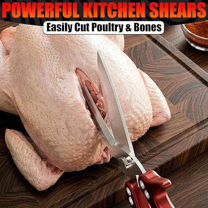 4-in-1 Kitchen Shears Heavy Duty - Detachable Poultry Shears with Micro-Serrated Blades, Spring-Loaded Action & Non-Slip Metal Handle, Dishwasher Safe - Bone Cutting Scissors for Chicken & Meat Prep