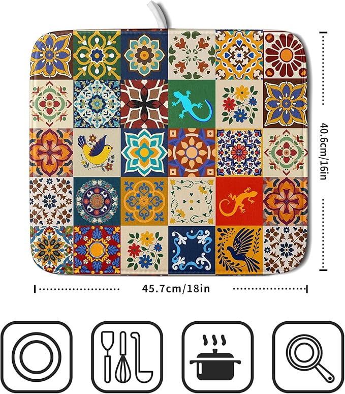 Giwawa Mexican Tile Dish Drying Mat 16"x18" Talavera Boho Floral Print Dish Drainer Mats Rustic Ethnic Traditional Reversible Small Dish Drying Pad Protector for Kitchen Countertop Decor