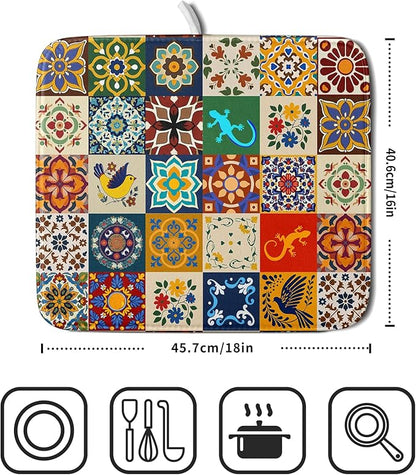 Giwawa Mexican Tile Dish Drying Mat 16"x18" Talavera Boho Floral Print Dish Drainer Mats Rustic Ethnic Traditional Reversible Small Dish Drying Pad Protector for Kitchen Countertop Decor