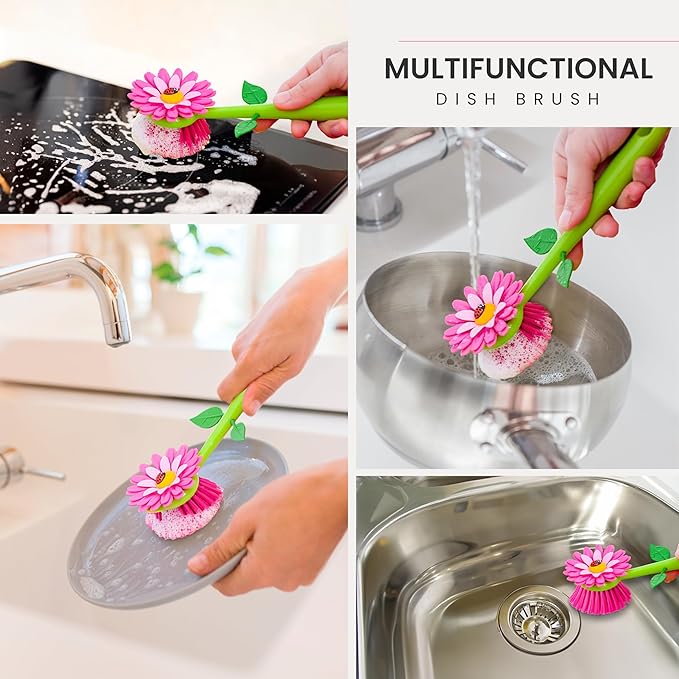 Vigar Flower Power Dish Brush with Handle and Vase Dish Brush Holder, Kitchen Scrub Brush for Pot Scrubber, Dishes, and Sink Cleaning, Pink, Green - Image 6