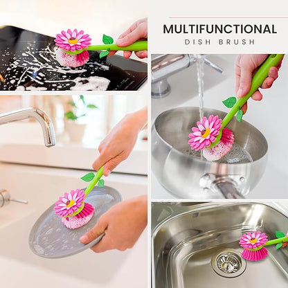 Vigar Flower Power Dish Brush with Handle and Vase Dish Brush Holder, Kitchen Scrub Brush for Pot Scrubber, Dishes, and Sink Cleaning, Pink, Green - Image 6
