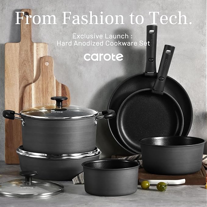 CAROTE 20pcs 4-Ply Premium Hard Anodized Pots and Pans Set Non Stick with Detachable Handle, Dishwasher/Oven Safe, RV Kitchen Cookware Set Nonstick, Induction Cookware, Large Capacity Pans and Pot Set - Image 7