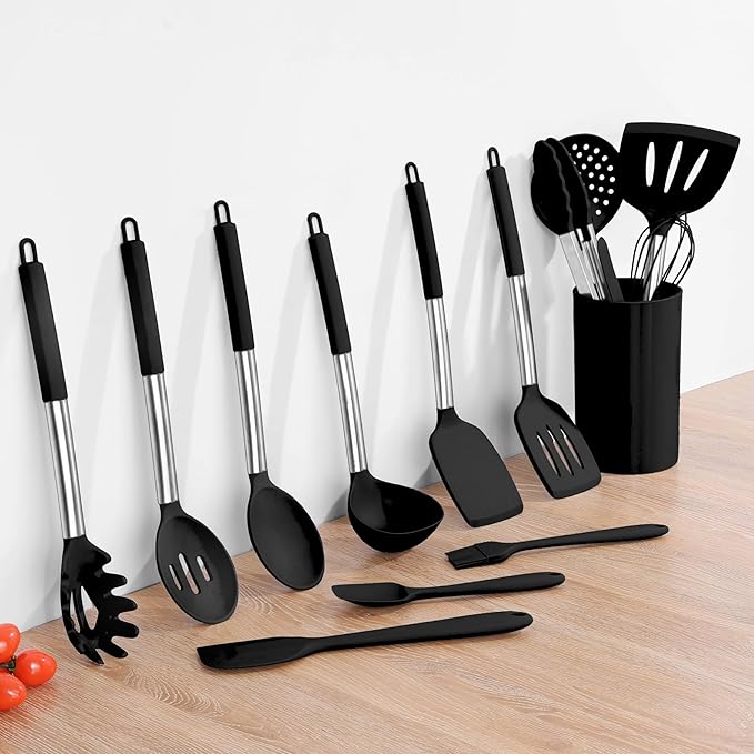Onader Kitchen Utensils Set, 15 Pcs Silicone Cooking Utensils Set with Holder and Heat Resistant Stainless Steel Handle for Nonstick Cookware - Black - Image 9