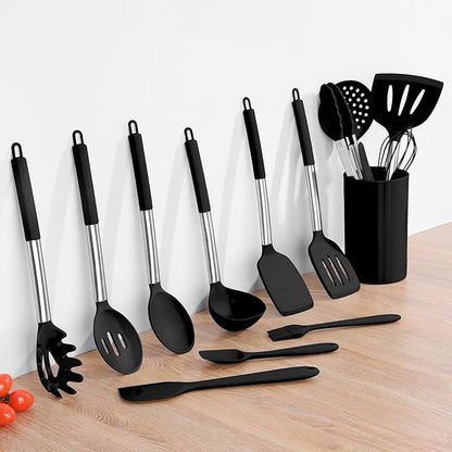 Onader Kitchen Utensils Set, 15 Pcs Silicone Cooking Utensils Set with Holder and Heat Resistant Stainless Steel Handle for Nonstick Cookware - Black - Image 9