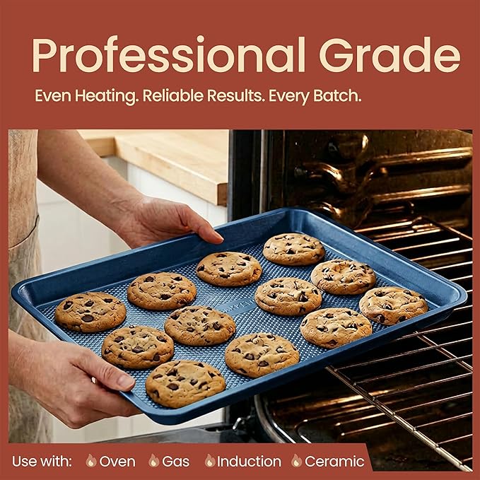 Diamond Bottom Cookie Sheet Set of 2, Nonstick Blue Carbon Steel Baking Pans for Crisp Baking, Space-Saving Stackable Trays, PFOA, PFOS, PTFE Free, Oven Safe Up to 450°F, Small & Medium Pans - Image 3