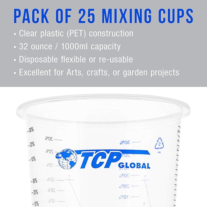 TCP Global 32 oz. (1000ml) Graduated Plastic Mixing Cups (Box of 25) - Disposable Plastic Measuring Cups for Liquids, Paints, Resin, Epoxy, Art, Kitchen - Ratios 2-1, 3-1, 4-1 ML - Image 4