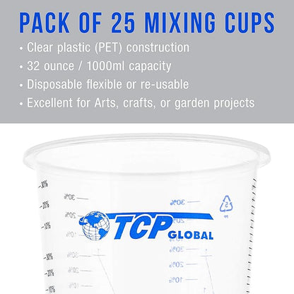 TCP Global 32 oz. (1000ml) Graduated Plastic Mixing Cups (Box of 25) - Disposable Plastic Measuring Cups for Liquids, Paints, Resin, Epoxy, Art, Kitchen - Ratios 2-1, 3-1, 4-1 ML - Image 4