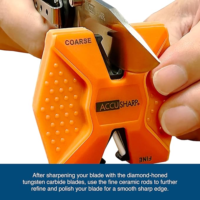 AccuSharp Pull Through Knife Sharpener Keychain, 2-Stage Sharpener for Straight or Serrated Kitchen Knives, Handheld Tool for Fishing & Hunting, Orange - Image 4