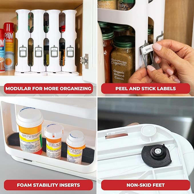 Cabinet Caddy Spice Rack Organizer for Cabinet - Slide & Rotate Kitchen Organizers and Storage - 2 Double-Decker Shelves - Non-Skid Base - Magnetic Modular Design - 10.8" H x 5.25" W x 10.8" D - Image 6