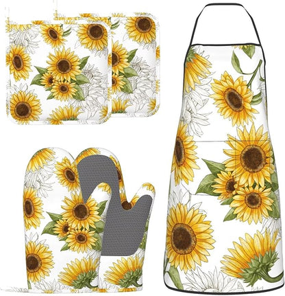 Yellow Sunflower Oven Mitts Sunflowers Pot Holders Yellow Flowers Cooking Apron Set of 5 Silicone Kitchen Glove Apron Non-Slip Heat Resistant for Chef Baking Cooking Grilling BBQ