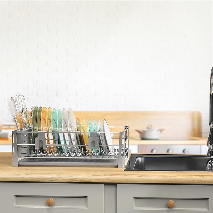 Simple Houseware Dish Drying Rack with Drainboard, Utensil Holder & Mug Hooks, Silver Metal Kitchen Counter Organizer - Image 2