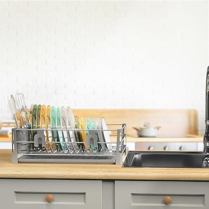 Simple Houseware Dish Drying Rack with Drainboard, Utensil Holder & Mug Hooks, Silver Metal Kitchen Counter Organizer - Image 2