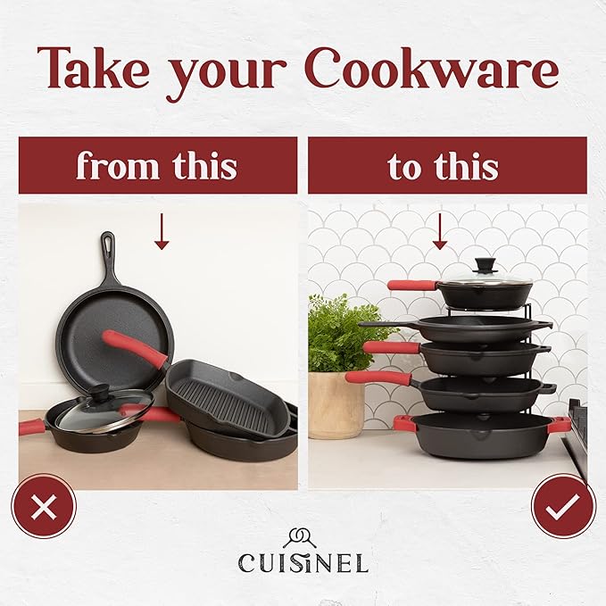 Pan Organizer - Silicone-Coated Non-Slip 12" Heavy Duty Skillet Rack - Kitchen Counter/Cabinet Organization Storage - Holder for Cookie Sheet, Cutting Board, Cast Iron Cookware, Dish, Pot, Lid Stand - Image 2