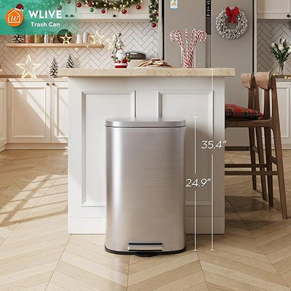 WLIVE 13 Gallon Stainless Steel Trash Can with Inner Bucket, Kitchen Garbage Can with Lid, 50L Soft Close Step Trash Can with Metal Foot for Home, Kitchen, Laundry Room, Office, Silver