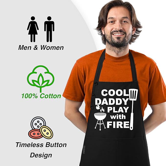 TOSHE Funny Apron Waterdrop Resistant Cotton Apron with adjustable Aprons for Women with Pockets 12 Color option Cooking (Black - Cool Daddy Play with Fire) - Image 5