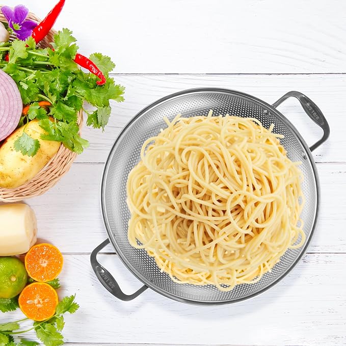 Tiawudi Large 6-Qt Colander, 18/8 Stainless Steel Mesh Strainer for Kitchen, Food Sieve with Riveted Handles and Self-draining Solid Ring Base, Great for Pasta, Rice, Vegetables and Fruits - Image 7