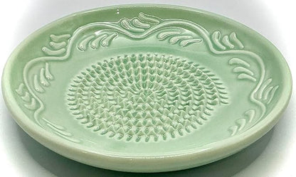 BonCera, All-in-one Premium Ceramic Garlic Grater Plate 4-Piece Set - Turquoise Green Floral Edge Design - For Garlic, Ginger, Chocolate, and more! - Comes with 5" Plate, Peeler, Brush, and Stand