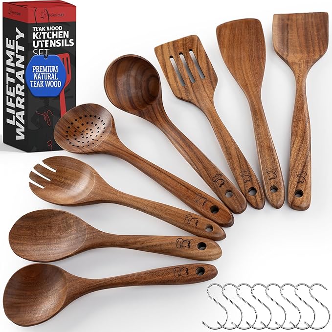 PriorityChef Wooden Spoons for Cooking, Premium 8pc Teak Wood Utensil Set with Hanging Hooks by PriorityChef