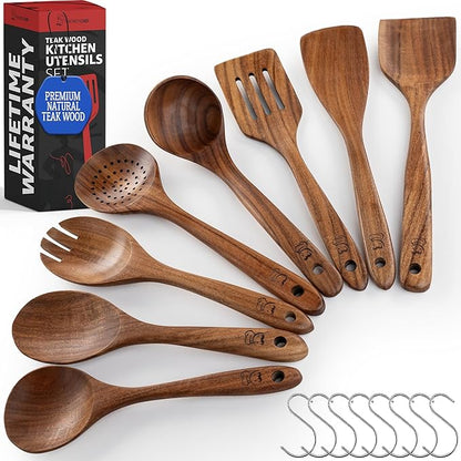 PriorityChef Wooden Spoons for Cooking, Premium 8pc Teak Wood Utensil Set with Hanging Hooks by PriorityChef
