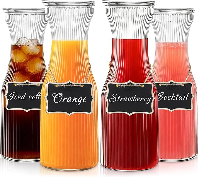 INSETLAN 1 Liter Ribbed Glass Carafe with Lid, Set of 4- Juice Carafe for Mimosa Bar, Brunch,Parties, Beverage Serveware,Cold Brew Coffee, Milk, Iced Tea, Lemonade -Includes 4 Wooden Chalkboards