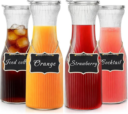 INSETLAN 1 Liter Ribbed Glass Carafe with Lid, Set of 4- Juice Carafe for Mimosa Bar, Brunch,Parties, Beverage Serveware,Cold Brew Coffee, Milk, Iced Tea, Lemonade -Includes 4 Wooden Chalkboards
