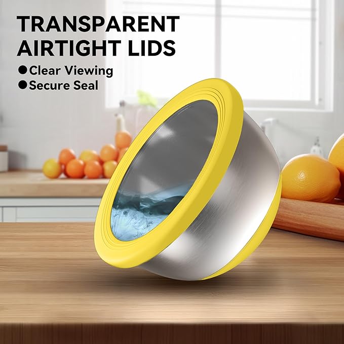 KITEISCAT Stainless Steel Mixing Bowls with Lids – Set of 5 Large Nesting Metal Bowls for Kitchen, Baking, Cooking, Food Prep & Storage, Non-Slip Base, Dishwasher Safe,Yellow - Image 3