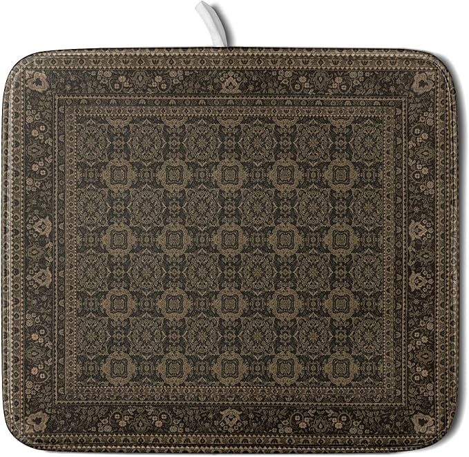 Brown Antique Tabriz Rug Dish Drying Mat for Kitchen Counter,Retro Turkish Vintage Floral Block Print Drying Mat 16 x 18 Inch with Absorbent Reversible Microfiber Drying Pad for Coffee Bar by Anyako