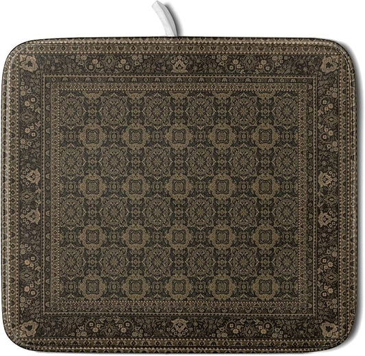 Brown Antique Tabriz Rug Dish Drying Mat for Kitchen Counter,Retro Turkish Vintage Floral Block Print Drying Mat 16 x 18 Inch with Absorbent Reversible Microfiber Drying Pad for Coffee Bar by Anyako