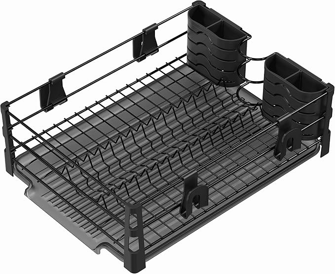 Simple Houseware Dish Drying Rack with Drainboard, Utensil Holder & Mug Hooks, Black Metal Kitchen Counter Organizer - Image 4