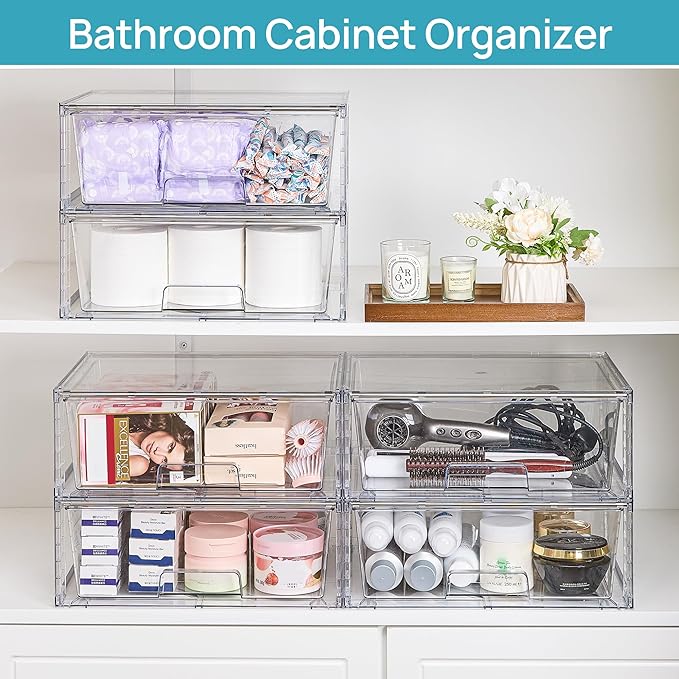 Vtopmart 3 Pack Large Stackable Storage Drawers,Easily Assemble Clear Acrylic Bathroom Closet Undersink Organizers,Plastic Storage Bins for Cabinet,Kitchen Pantry,Medicine Organization - Image 5