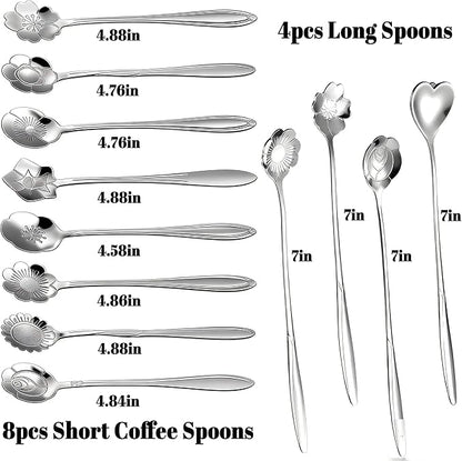 12 Pcs Flower Coffee Tea Spoons Set with Storage Bag, 4 Long & 8 Short Stainless Steel Teaspoons for Sugar Dessert Ice Cream Stirring, Cute Fancy Tableware for Tea Party Kitchen Cafe Bar(Silver)