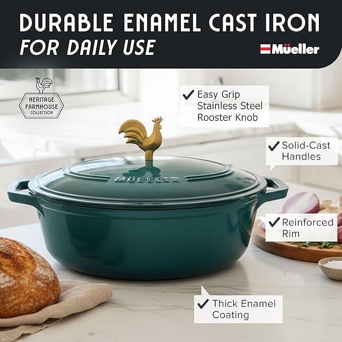 MUELLER HOME 5.5 Quart Enameled Cast Iron Oval Dutch Oven with Rooster Knob and Cotton Potholders, Heavy-Duty Cookware, Oven-Safe up to 500° F & Across All Cooktops, Thanksgiving Essentials, Emerald - Image 2
