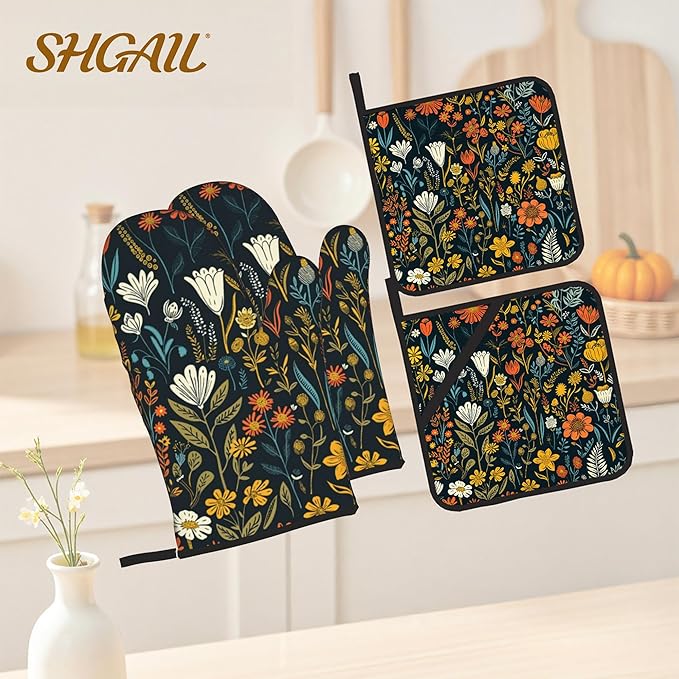 Vintage Flowers Oven Mitts and Heat Resistant Pads - Heat Resistant Gloves Potholder Set of 4 for Cooking, BBQ, Gifts for Women