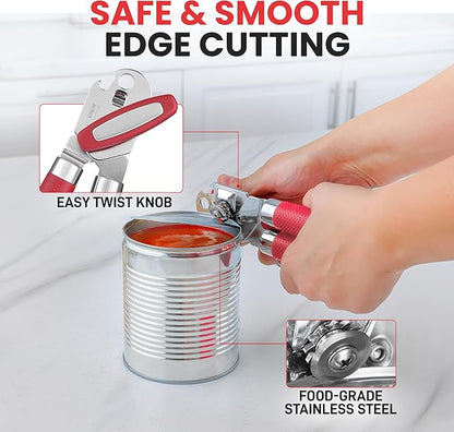 Zulay Kitchen Heavy Duty Stainless Steel Can Opener Manual with Large Bottle Opener - Manual Can Opener with Turn Knob with Soft Grip Handles - Red - Image 3