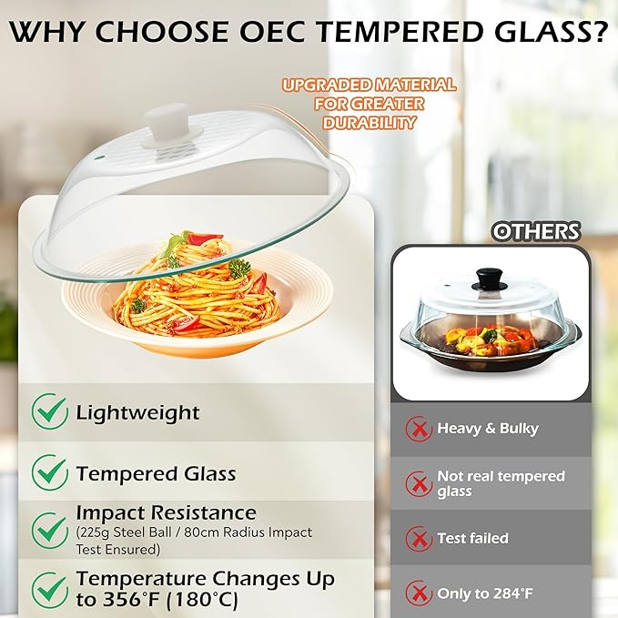 OEC Lighter Weight Tempered Glass Microwave Splatter Cover - 10 inch (Inner Diameter 8.7”) - Heat-Resistant - Durable Glass Lid with Vent, Silicone Knob, Dishwasher Safe, 100% Food Grade - BPA Free - Image 7