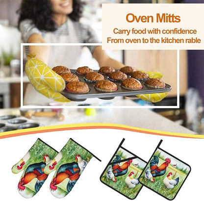 Oven Mitts and Hot Pads Set - Farmhouse Rooster Design, Heat Resistant Cute Pot Holders for Kitchen, Baking Gifts for Women