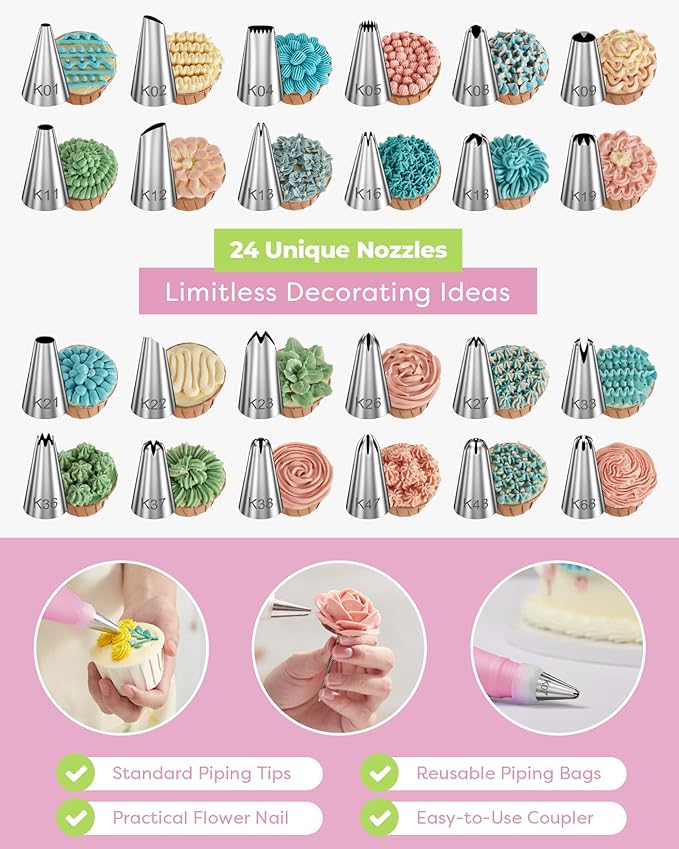Kootek 32-Piece Piping Bags and Tips Set with 24 Icing Piping Tips, 2 Reusable Pastry Bags 12 Inch, Reusable Piping Icing Bags and Tips, Cake Decorating Kit for Frosting Cookie, Cupcake - Image 2