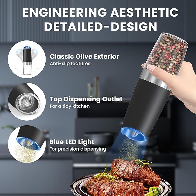 UNNEES Gravity Electric Salt and Pepper Grinder, Automatic Salt And Pepper Grinder, Adjustable Roughness, Battery Powered, LED Light, 1 Pack, (Black) - Image 4